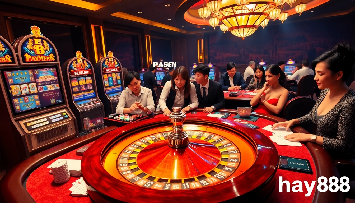 Engaged players enjoying exciting games at hay88 casino, showcasing vibrant slot machines and poker chips.