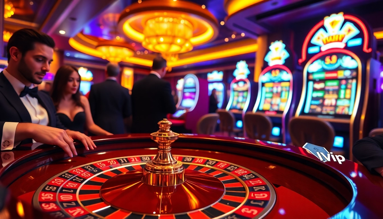 Exciting scene of a luxurious casino with a rik vip roulette table and vibrant atmosphere.