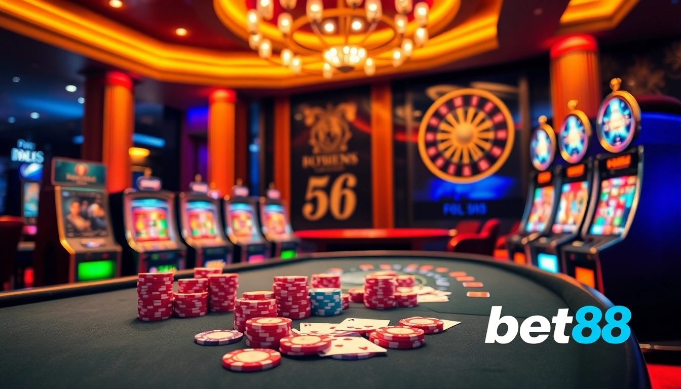 Experience the thrill of bet88 at a luxurious casino with poker tables and vibrant slot machines.