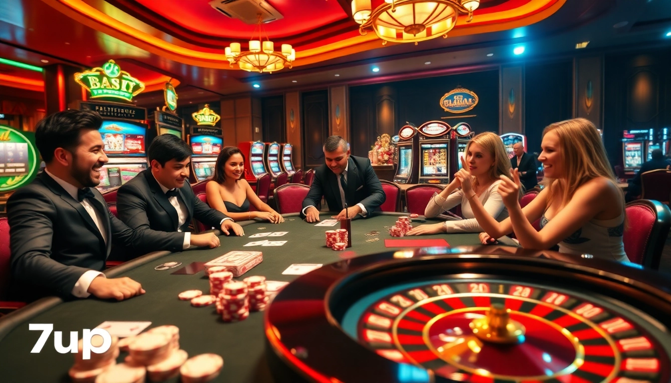 7upbet players enjoying an exciting poker game with professional dealers and vibrant casino elements.