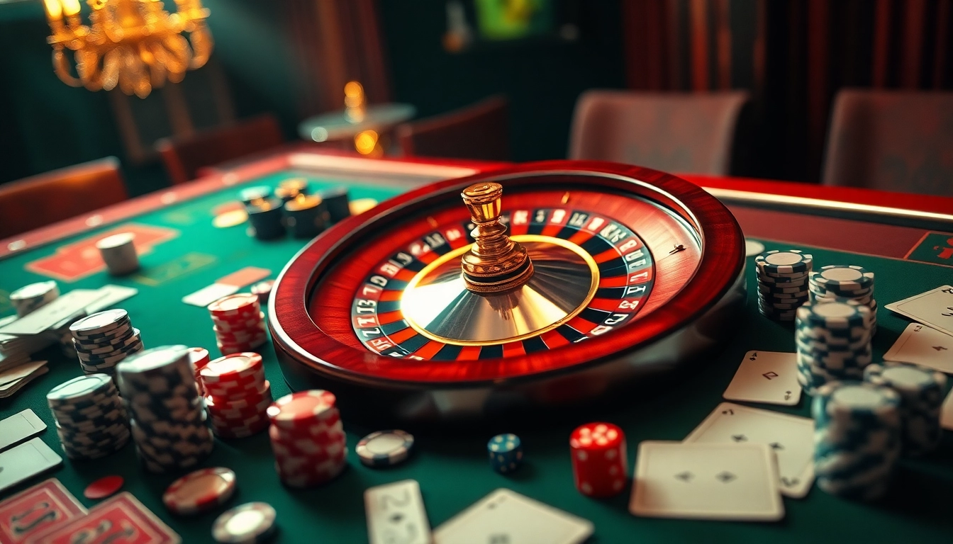 Exciting gameplay at nhà cái xin88 with vibrant casino tables, poker chips, and roulette wheel.