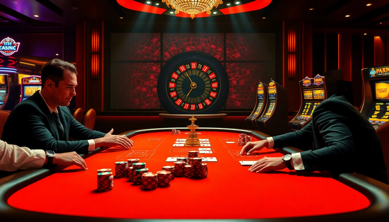 Players engaging in an intense poker game at 22JL Casino, surrounded by vibrant slot machines.
