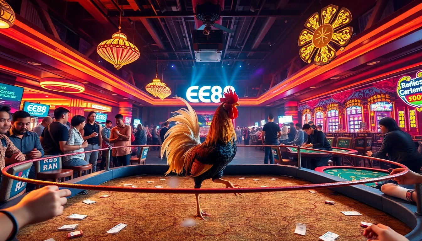 Experience live-action excitement with đá gà ee88 showcasing intense cockfighting battles at a vibrant casino venue.