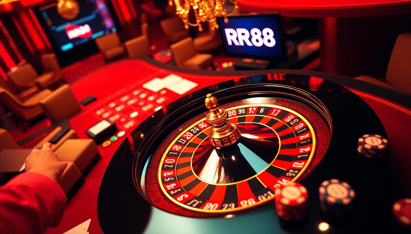 Experience the thrill of RR88 with casino tables, vibrant roulette wheels, and eager gamblers.