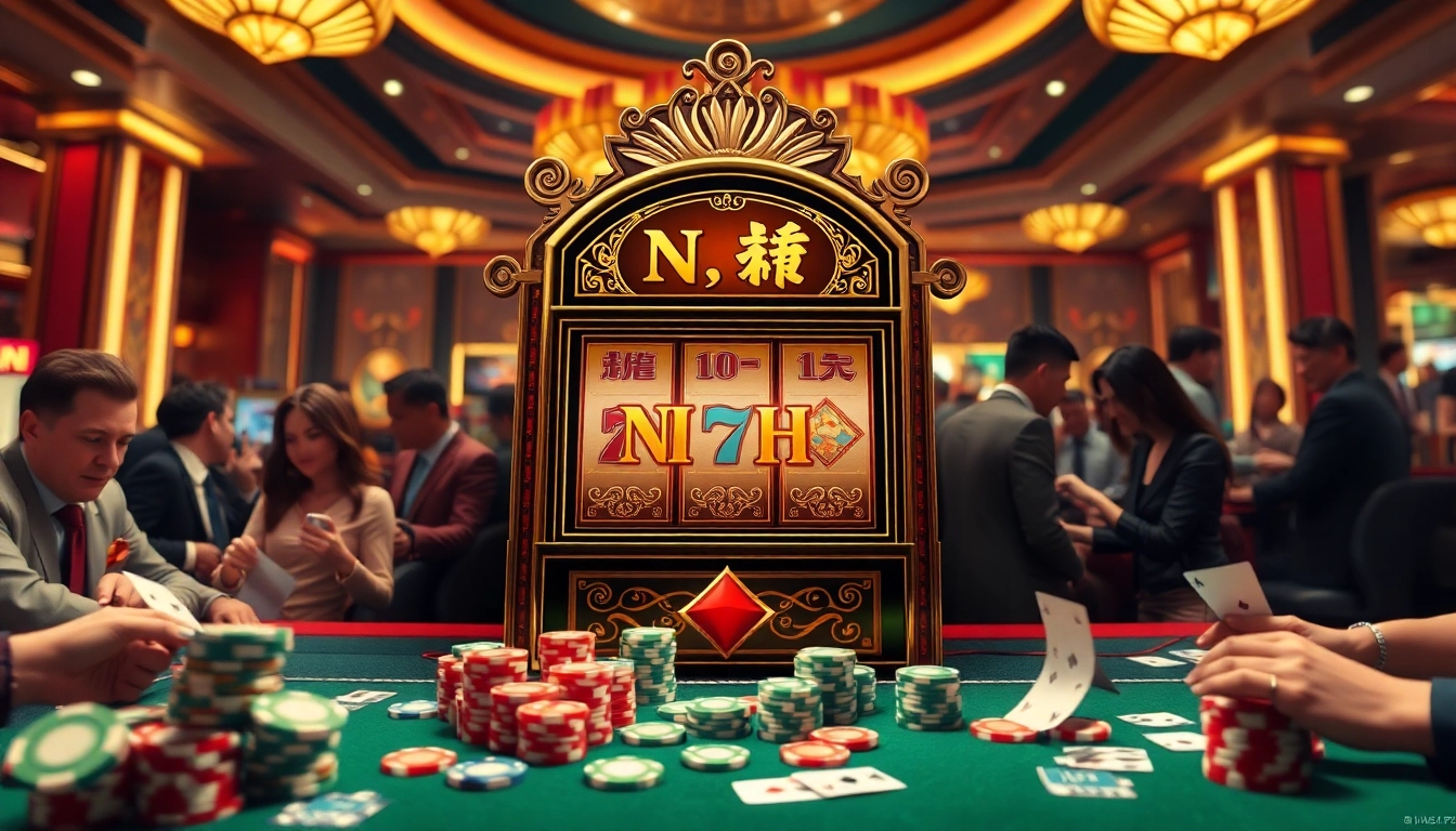 Exciting view of players enjoying Nổ hũ slot game with poker chips in a luxurious casino.