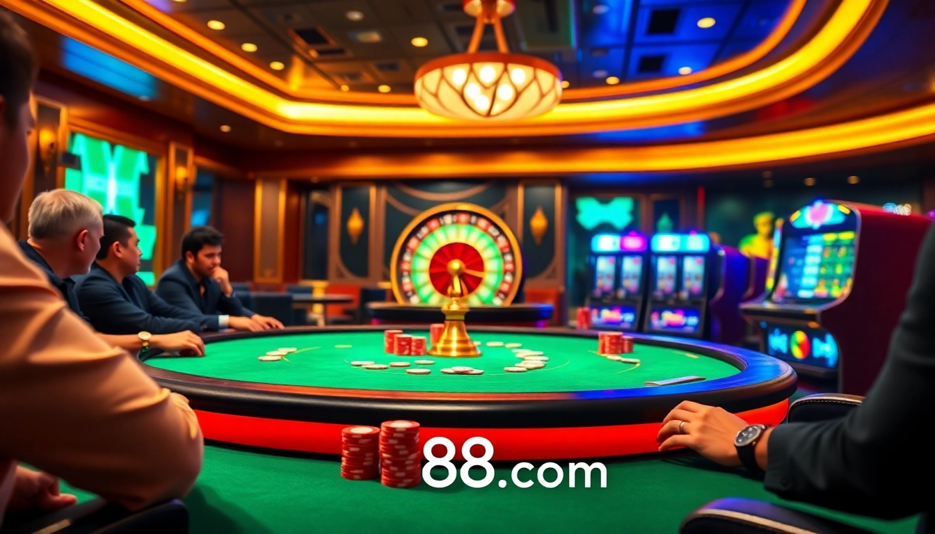 Experience the excitement at kp88 com with players strategizing at a luxurious poker table.