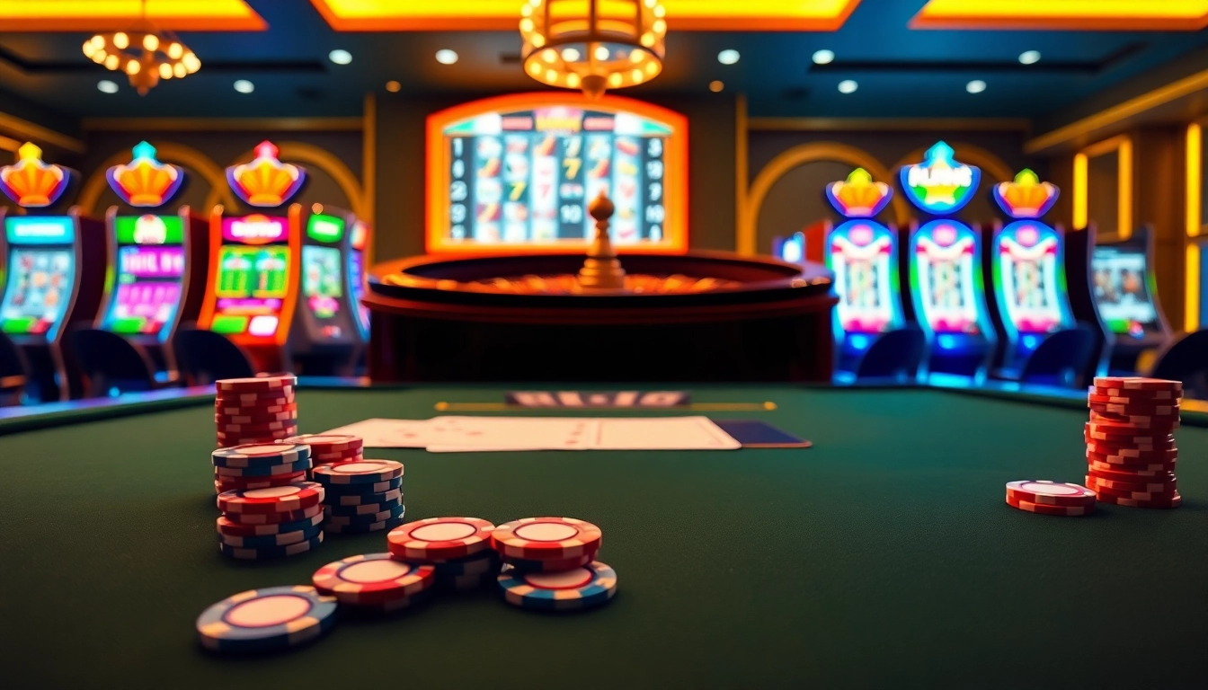 A lively gaming scene with KJC branding featuring casino tables, cards, and chips.