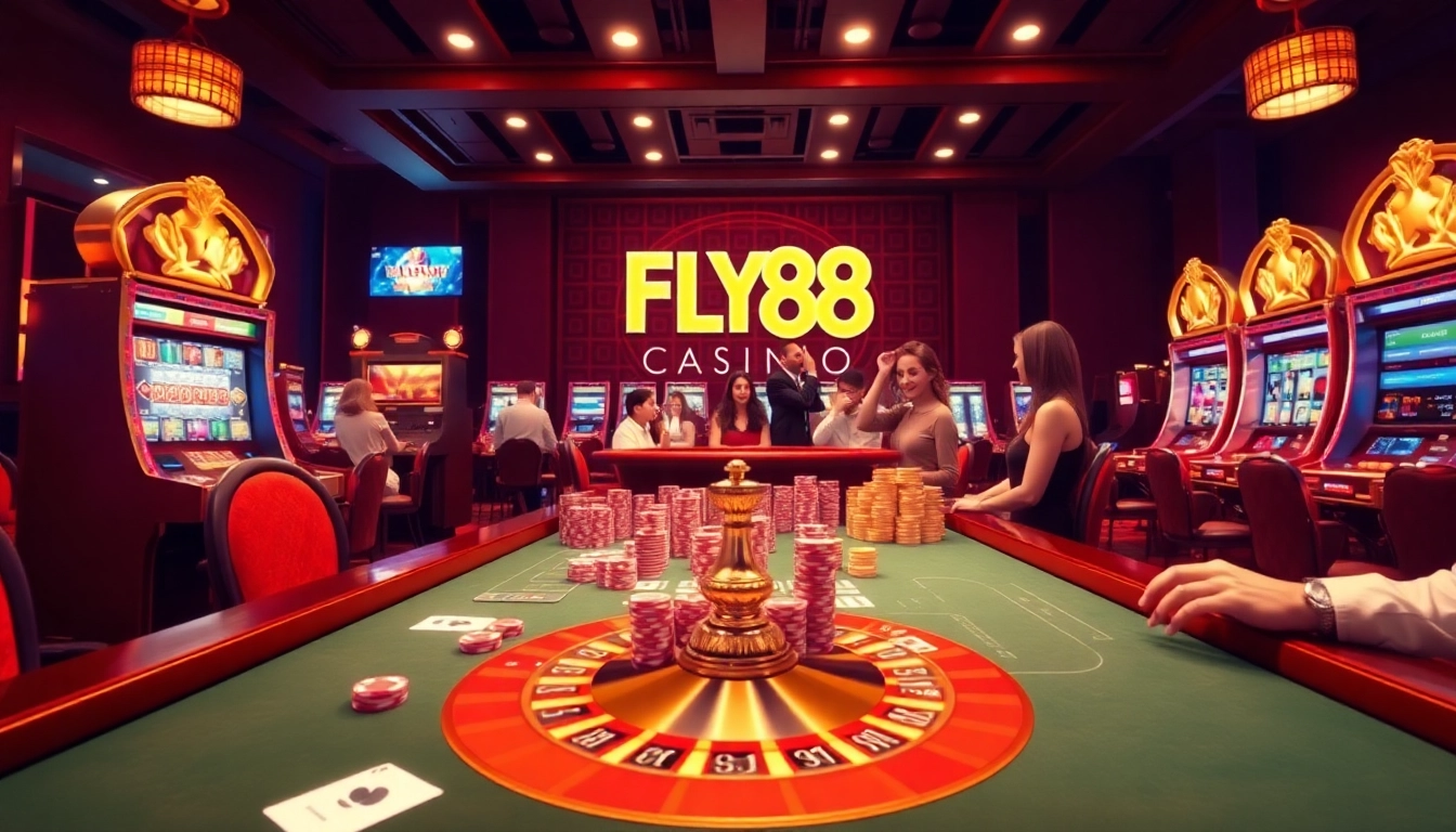 Experience the excitement of FLY88 trang chủ with vibrant casino gaming tables and joyful players.