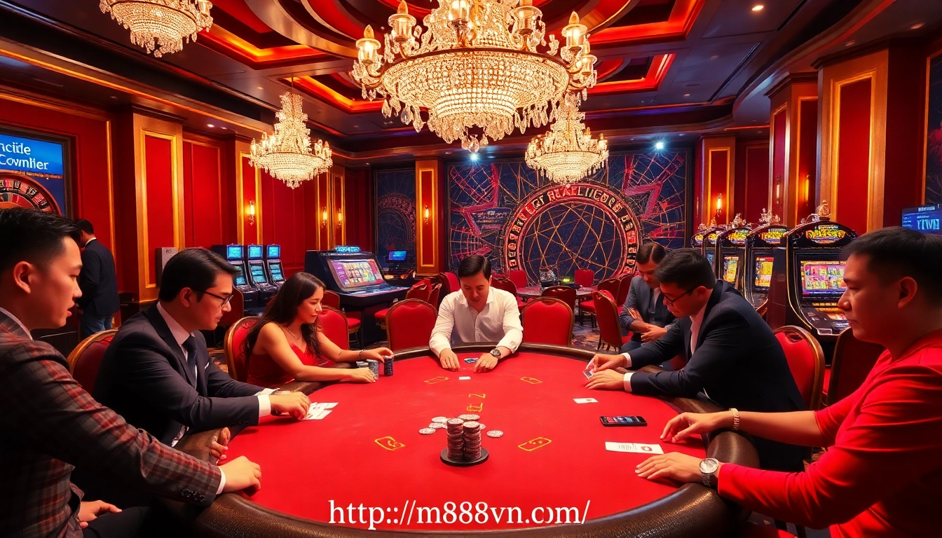 A thrilling poker game showcasing https://nh88vn.com/ with players, chips, and a roulette wheel in an elegant casino setting.