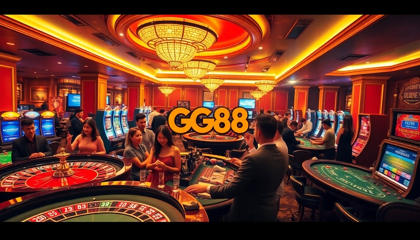 Players enjoying vibrant casino games at Gg88 Com with roulette wheels and slot machines.