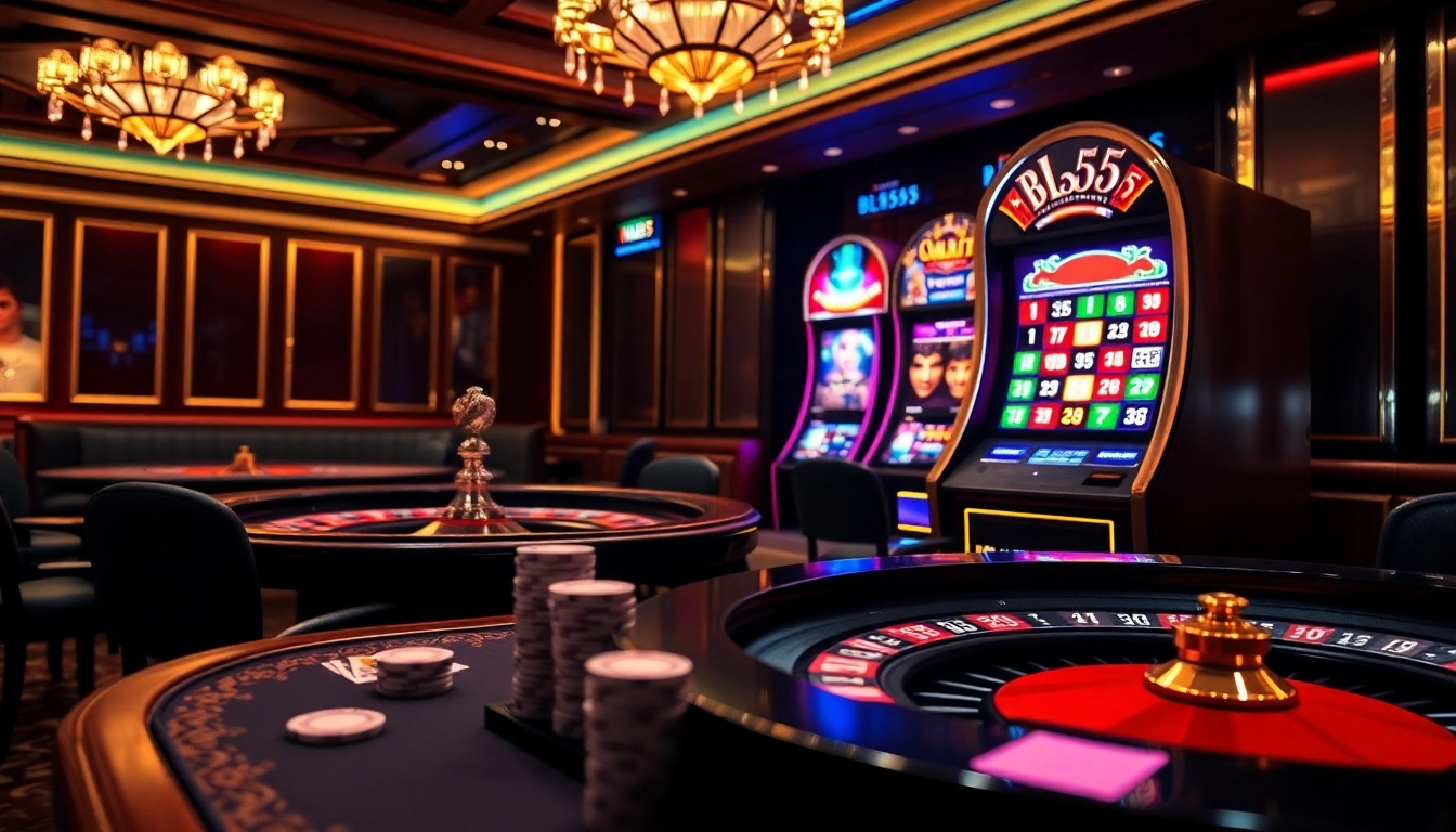 Experience thrilling casino action with BL555's gaming tables, roulette wheel, and vibrant slot machines.