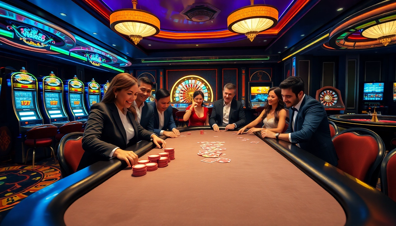 Players enjoying a thrilling game at 79king casino with poker chips and cards.