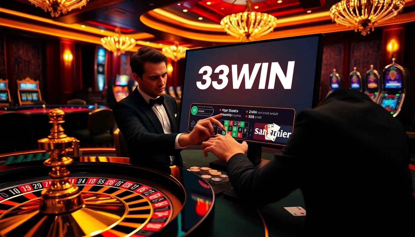 Engaging scene showing a player at 33WIN casino, vibrant colors and luxurious gambling elements.