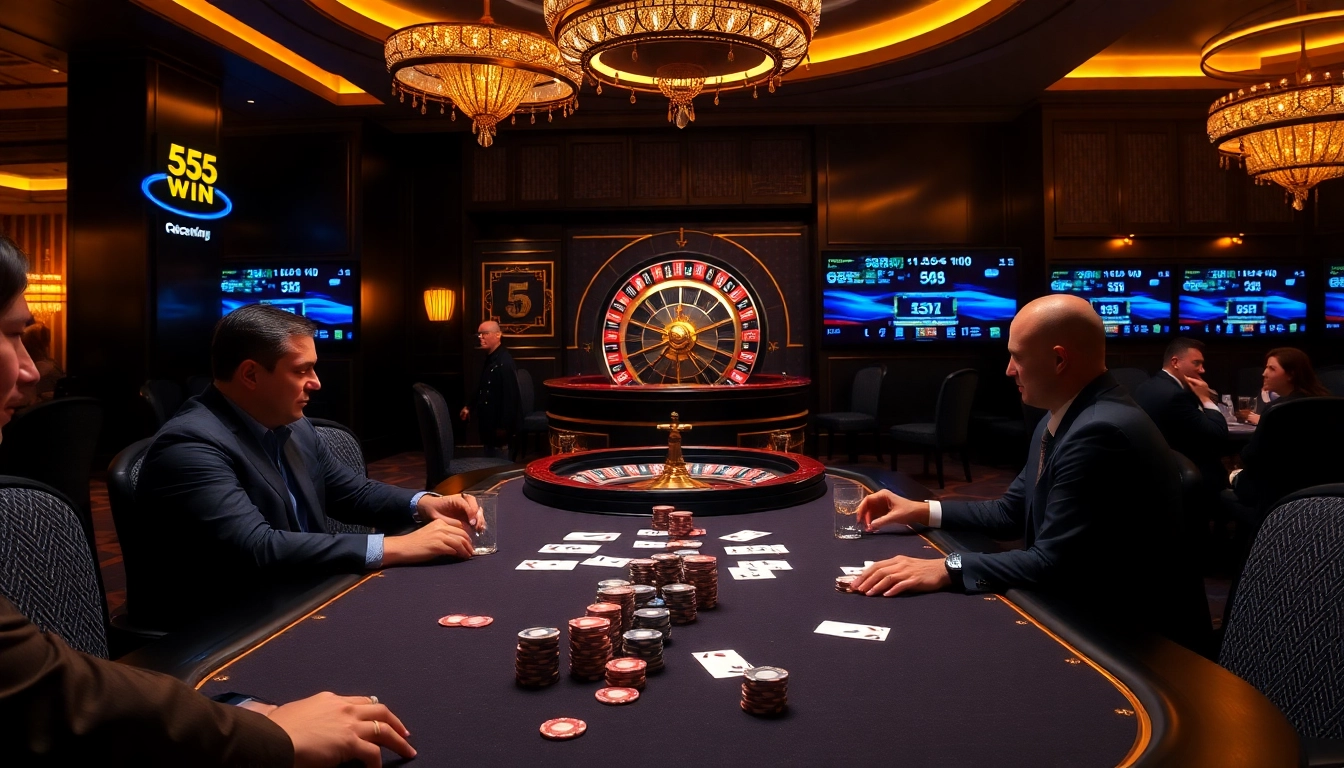 Experience the thrill of 555 win at a luxurious casino with poker tables and roulette wheels.