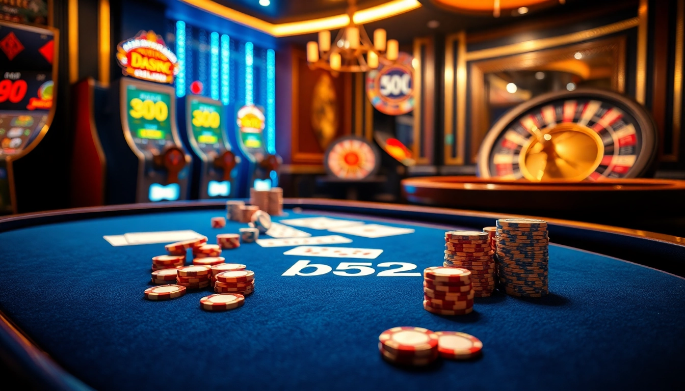 B52 Casino scene showcasing an elegant gaming table with sparkling poker chips and vibrant cards.
