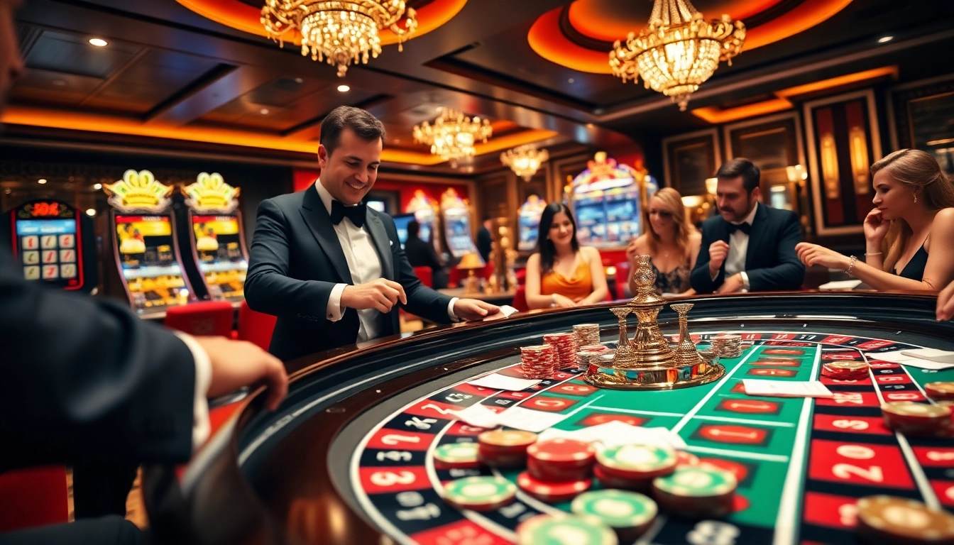 Exciting casino scene at king333.club with roulette table, poker chips, and glamorous players.