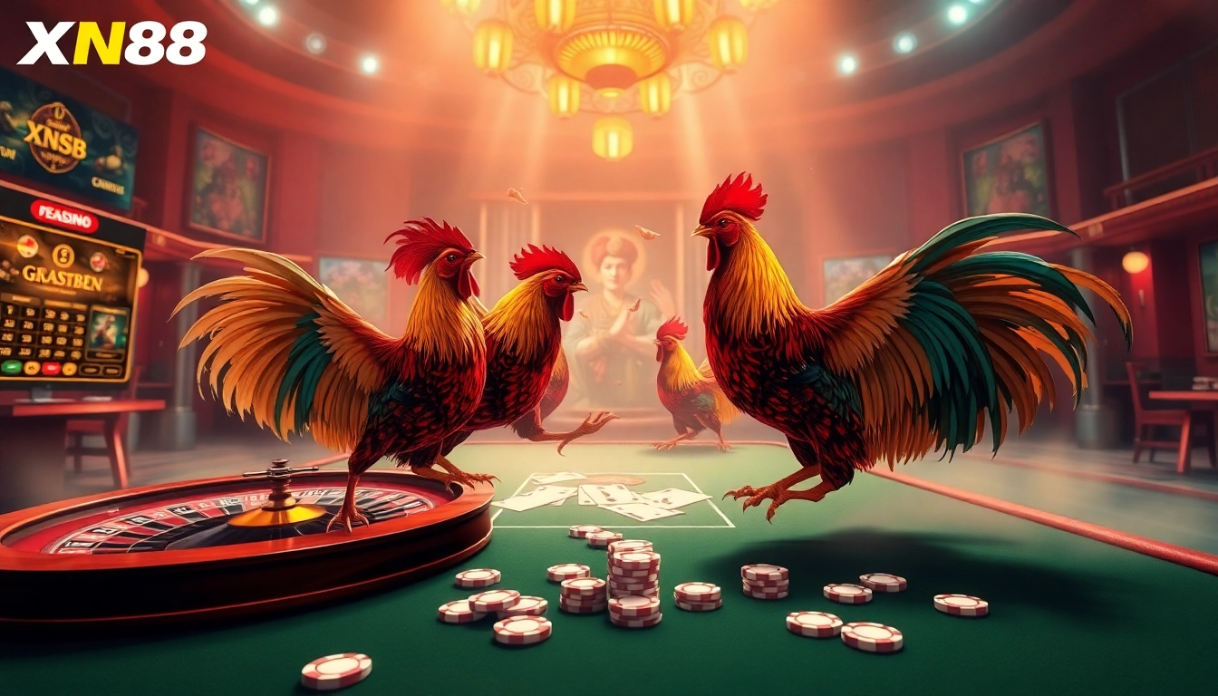 Dynamic betting scene featuring đá gà xn88 with engaging rooster fights and vibrant casino elements.