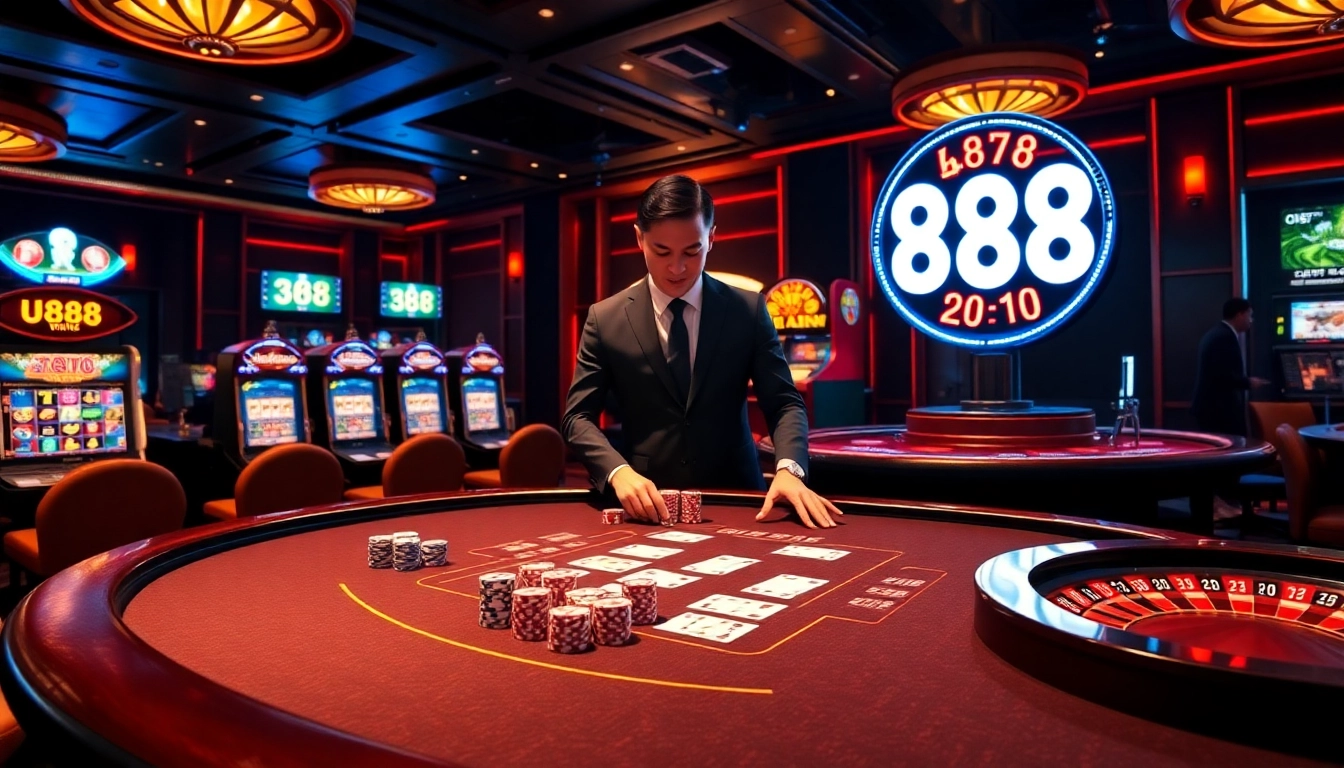 Experience the thrill of u 888 at an upscale poker table with vibrant slot machines.