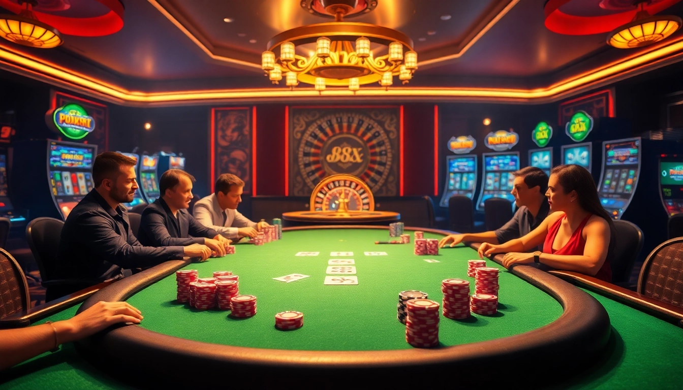 Players enjoying high-stakes poker at a luxurious casino featuring 88xx-themed tables and machines.