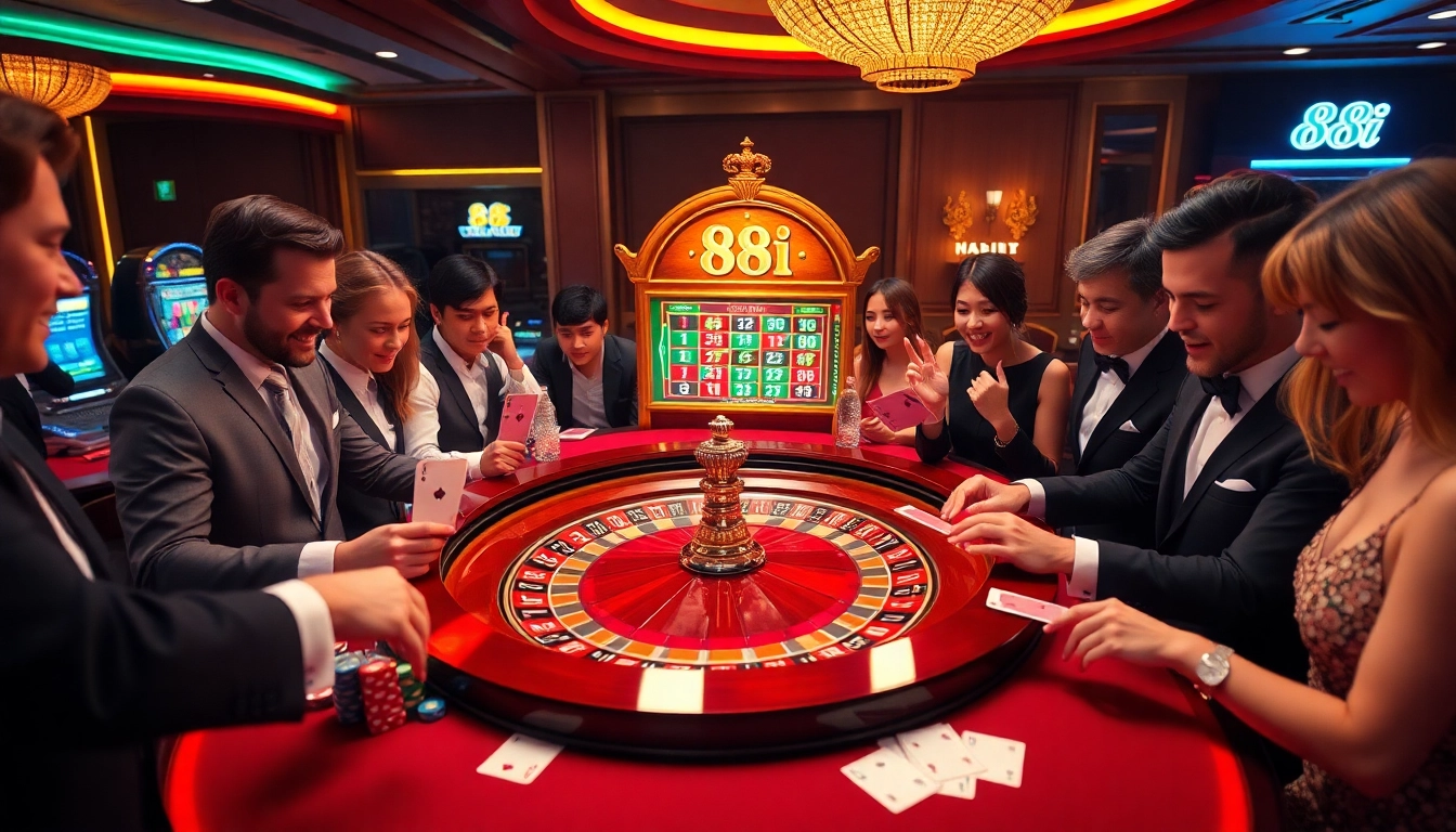 Players enjoying the excitement at 88i's casino table, placing bets in a luxurious setting.