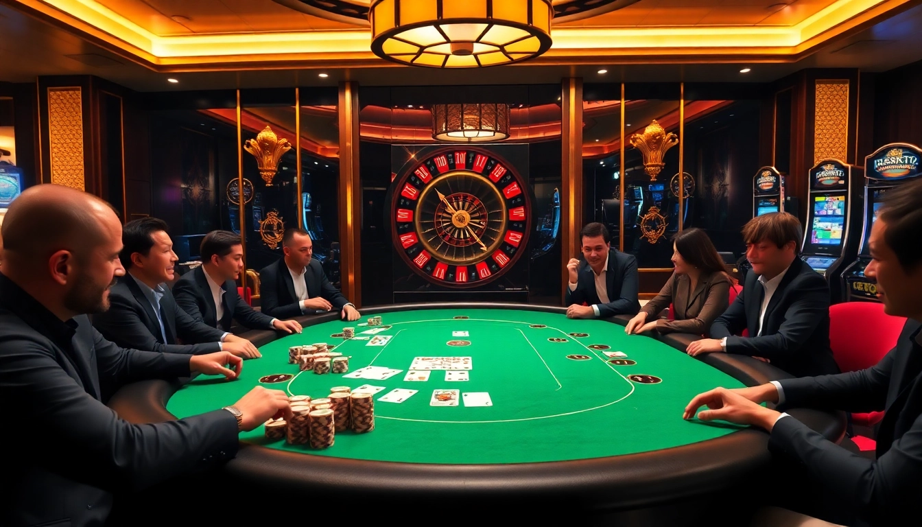 Excited players at a luxurious poker table at https://88i8i.net/ showcasing glamour and gambling thrills.