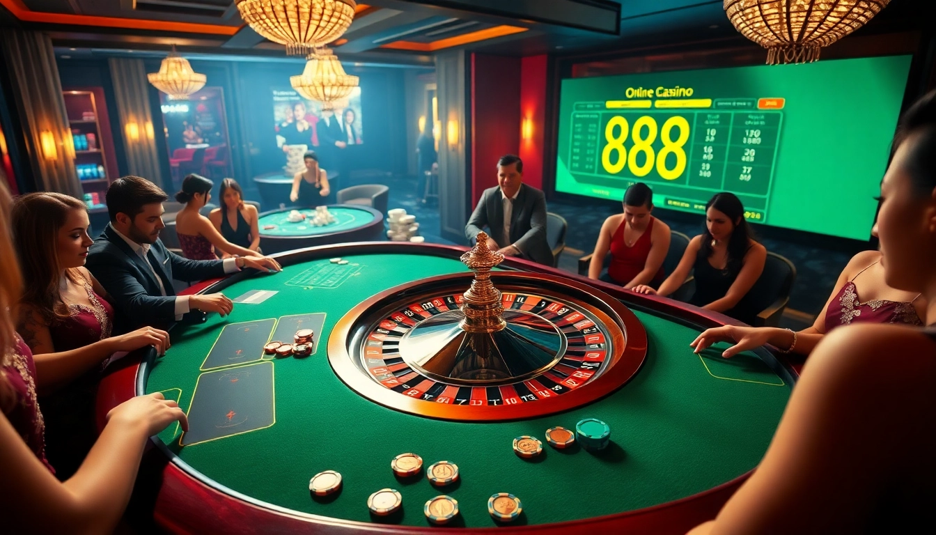 A lively casino atmosphere showcasing players enjoying 88i roulette with vibrant chips and elegant decor.