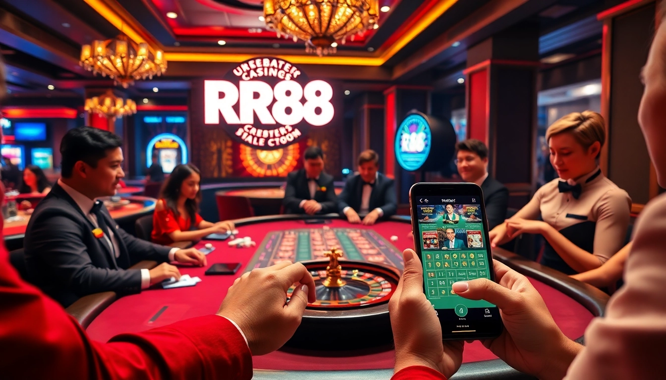 Players enjoying high-stakes games at RR88's premium online casino, showcasing professional dealers and vibrant gaming atmosphere.