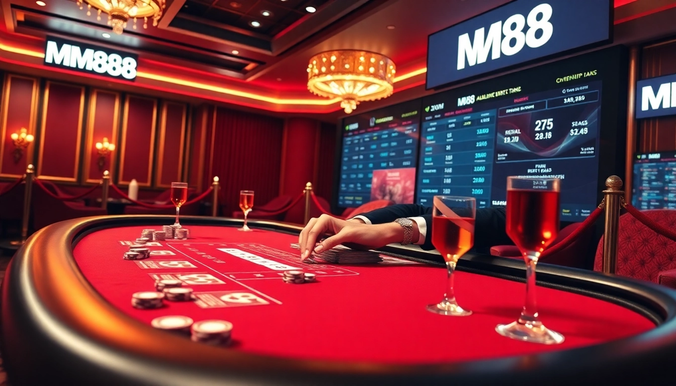 Experience thrilling gaming action at MM88 with an elegant casino table and digital betting options.