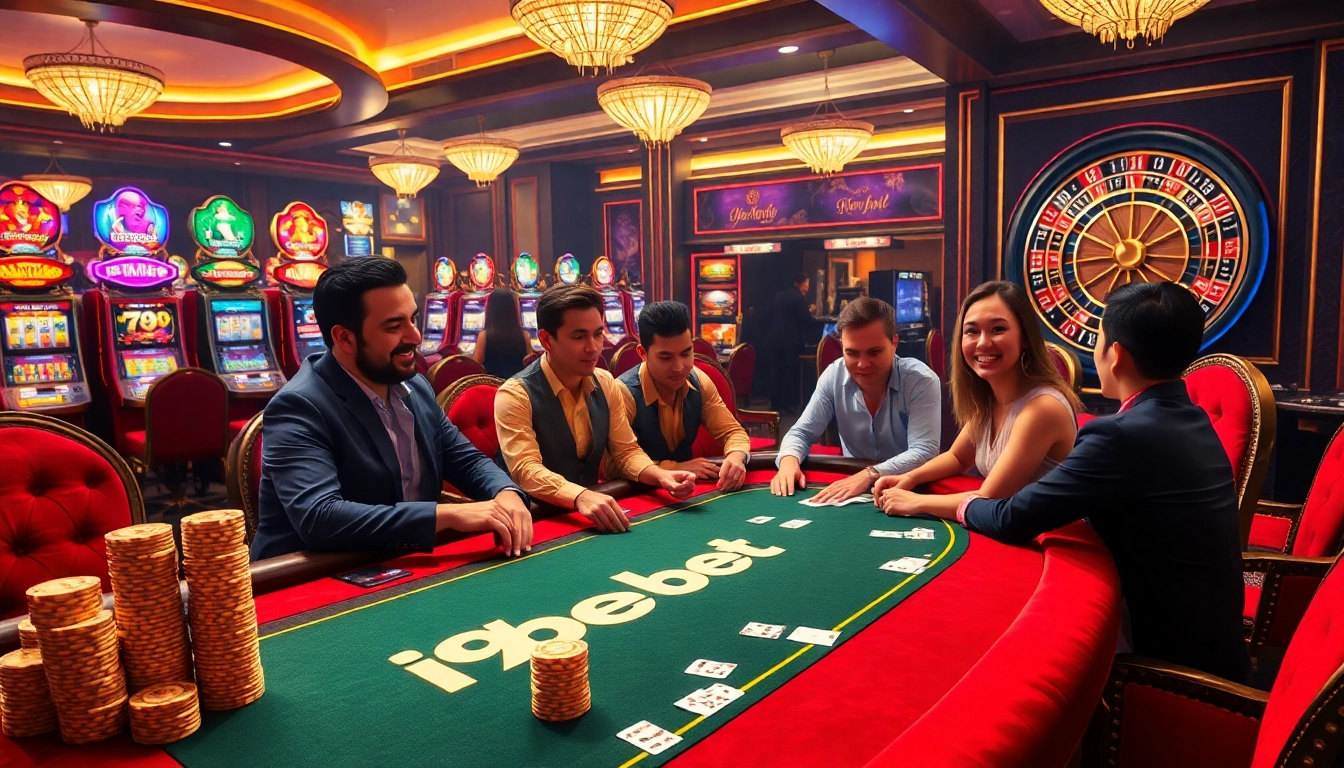 Players enjoying a thrilling game at the i9bet poker table in a luxurious casino setting.