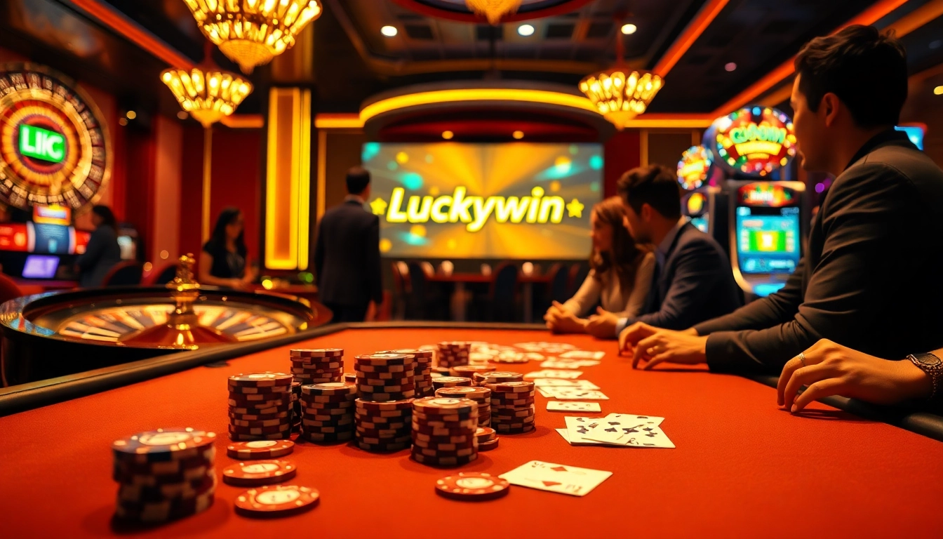 Experience the thrill of gaming at Luckywin Casino with vibrant poker tables and glowing slot machines.