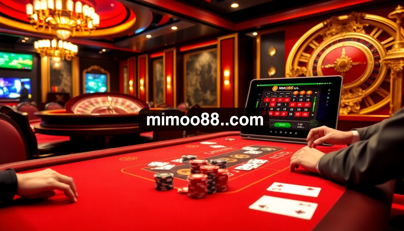 Players enjoying a thrilling casino experience at mmoo88.us.com with poker chips and cards on the table.