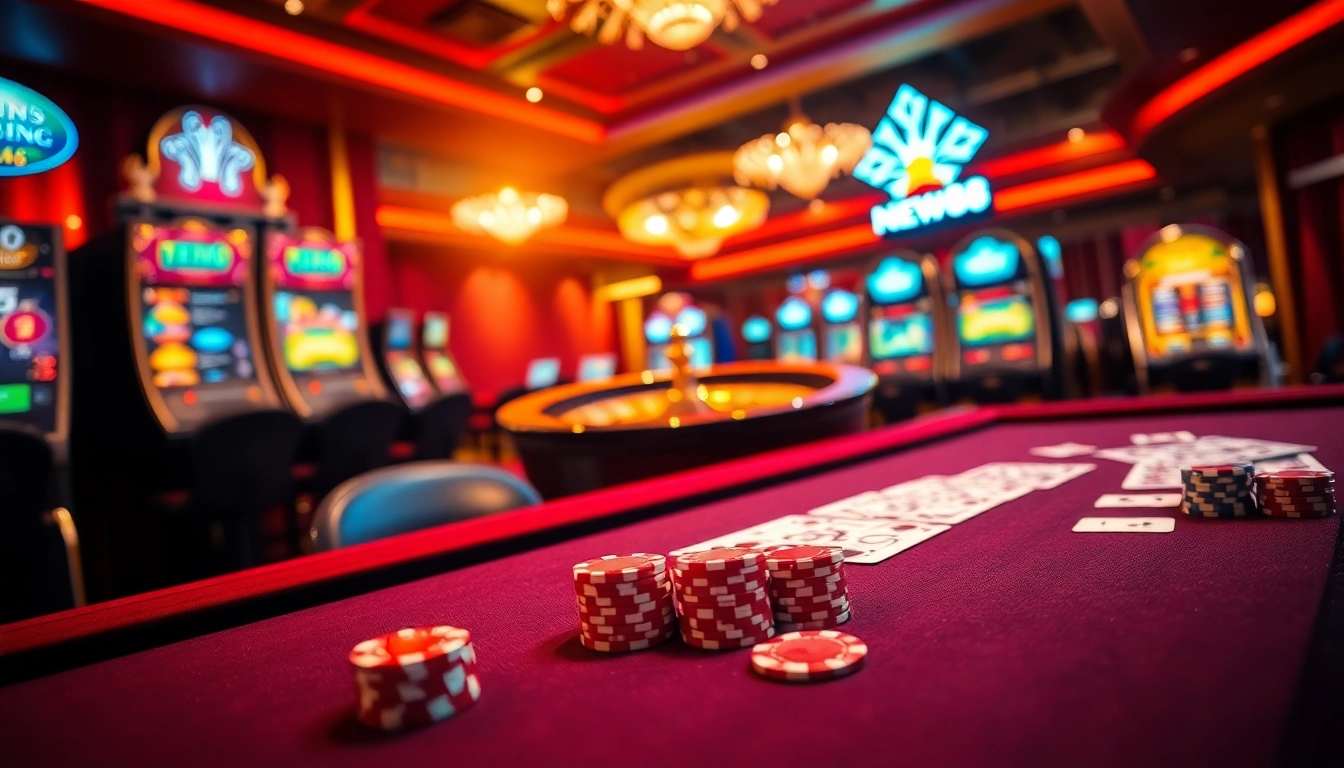 Experience winning opportunities with Đăng Ký NEW88 amidst a luxurious casino setting filled with poker and roulette.