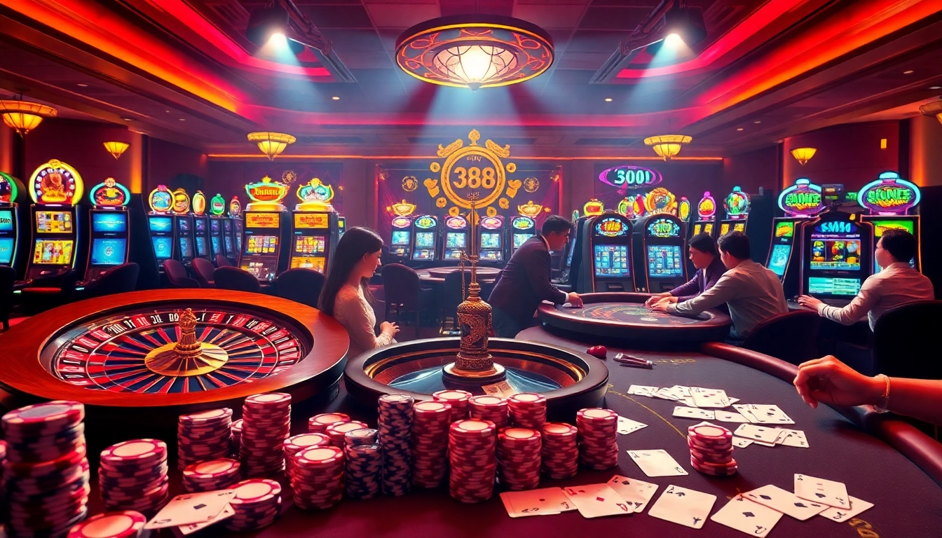 Engage with sv 388 in a vibrant casino scene featuring roulette, poker chips, and excited players.