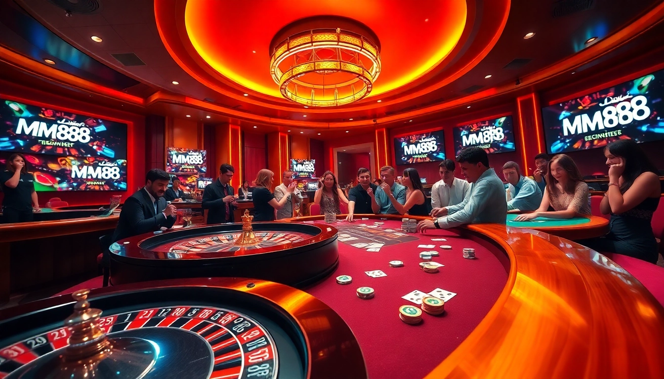 MM88 players enjoying a thrilling casino experience with poker and roulette tables.