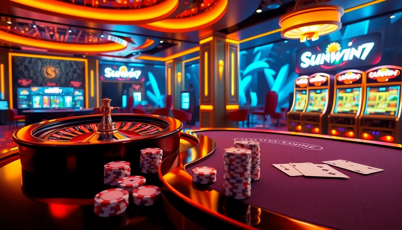 Experience thrilling gameplay at Sunwin with vibrant casino elements like roulette wheels and poker chips.