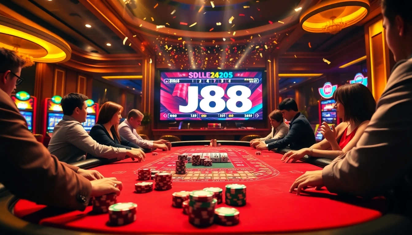 Experience the thrill of J88 gaming with colorful poker chips and lively casino ambiance.