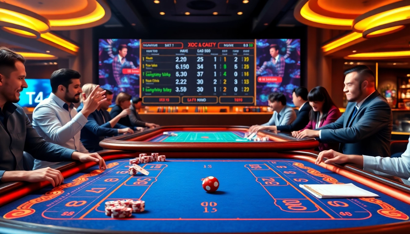 Xóc đĩa online table with excited players betting, showcasing a modern gambling experience.