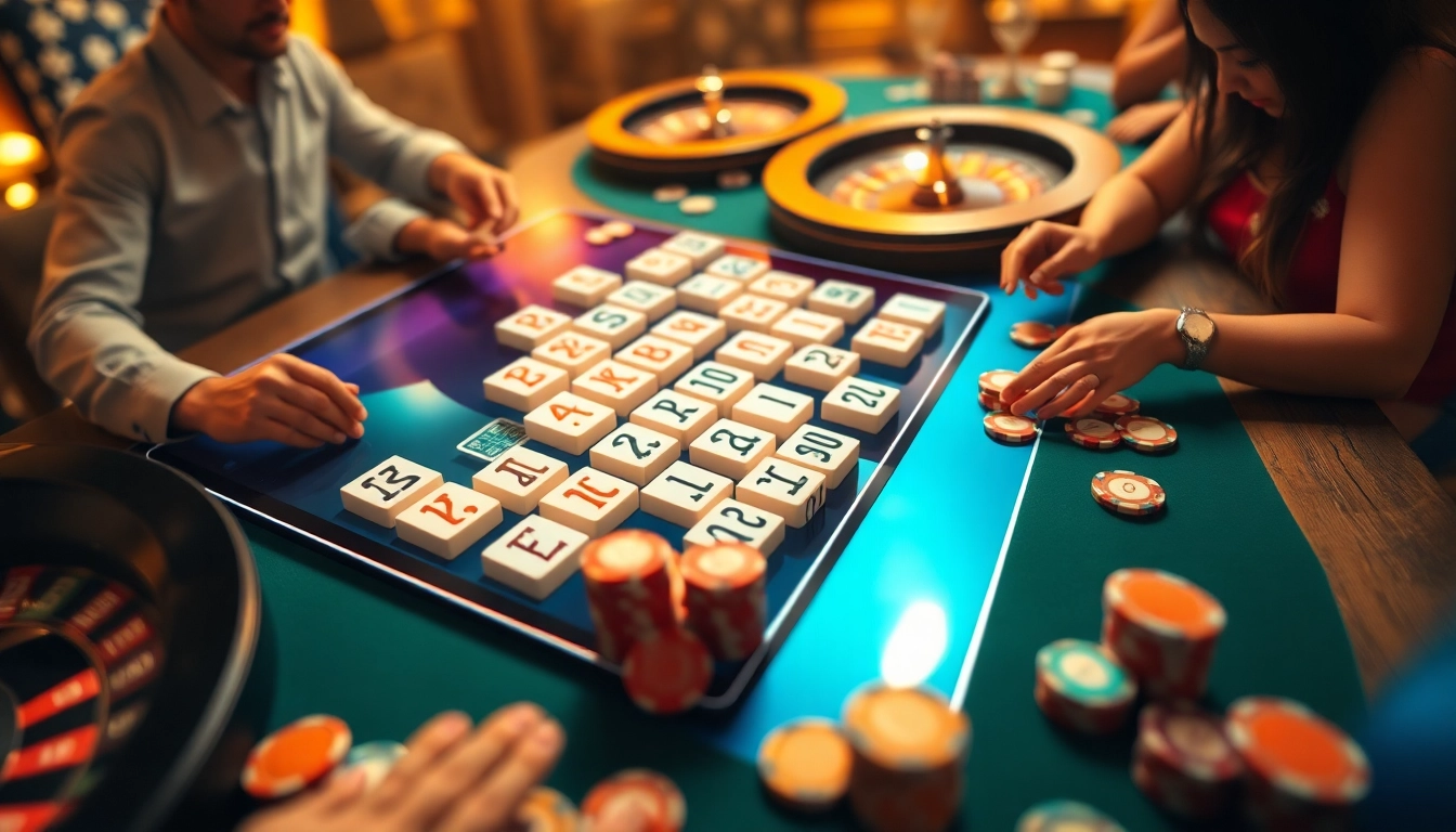 סצנה מרהיבה של רמיקוב אונליין עם אריחים צבעוניים ואלמנטים מהקזינו לחוויית משחק מרגשת.