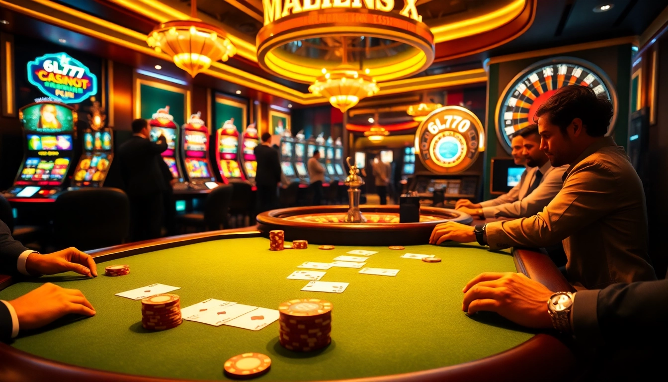 Experience the thrill of 6L777 at a luxurious casino poker table with vibrant gameplay elements.