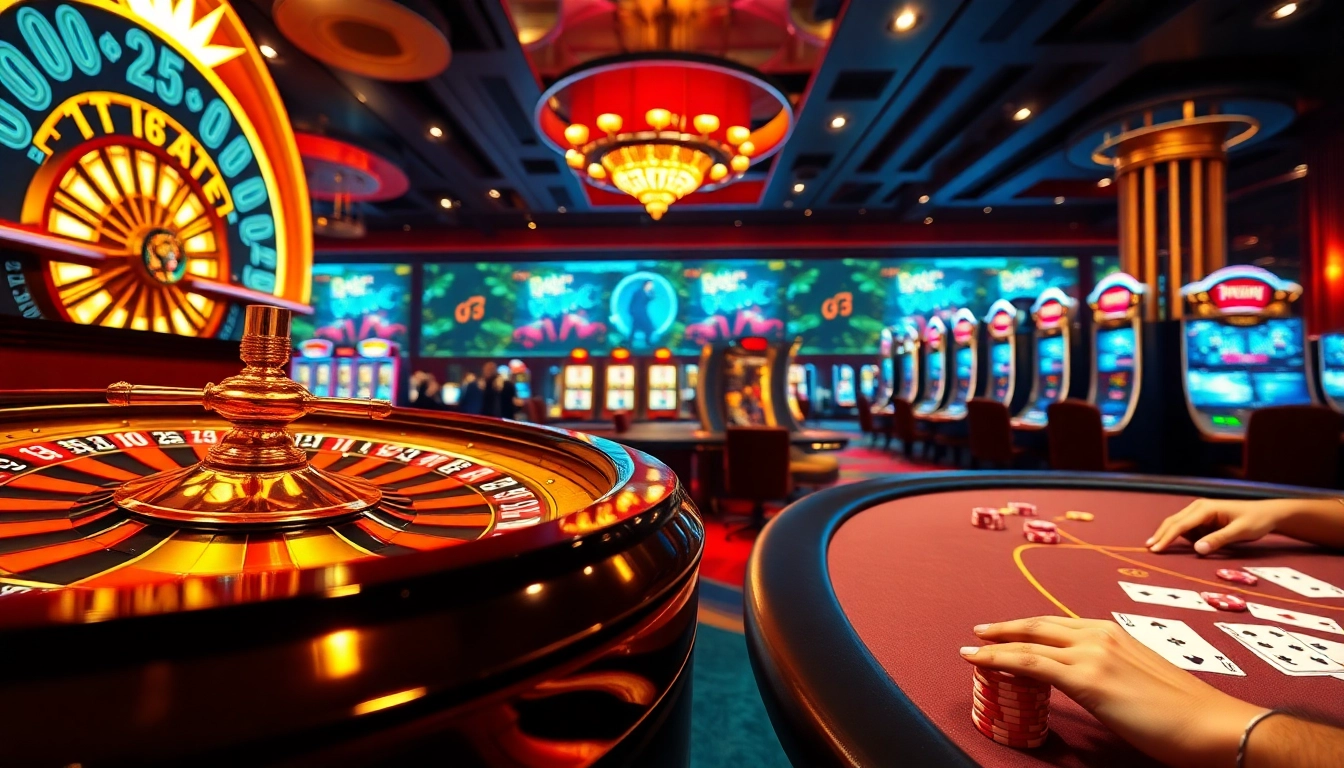 Experience thrilling gameplay with GO88 at a vibrant casino scene featuring poker tables, roulette, and slot machines.