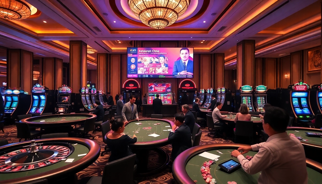 Exciting scene of a casino showcasing keluaran china results on a large screen among vibrant gaming tables.