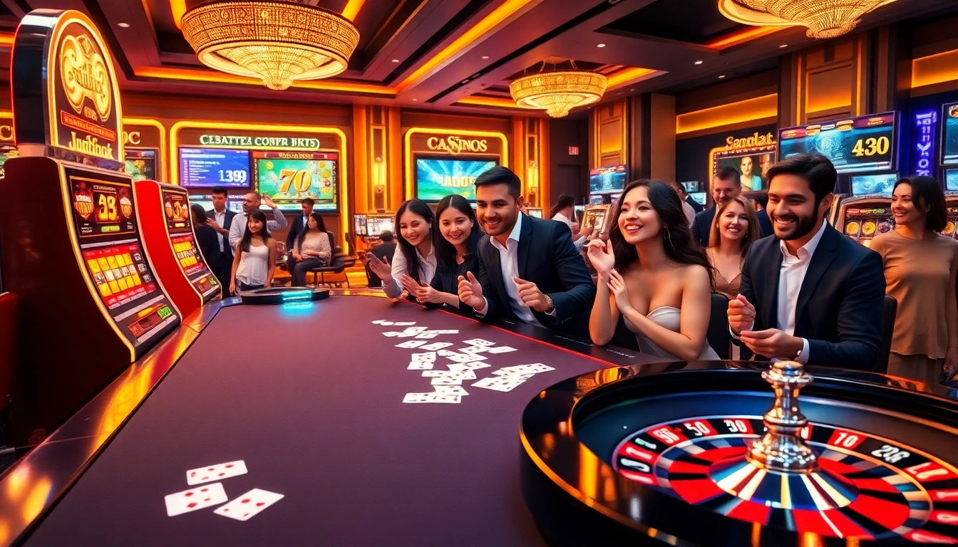 J8 promotional casino scene with vibrant tables, engaging players, and colorful slot machines.