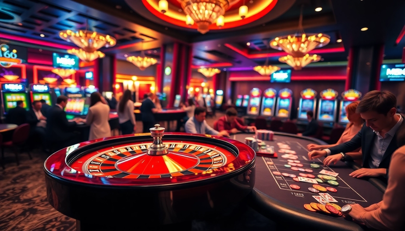 Players enjoying the excitement of gambling at MB66 casino tables with poker chips and roulette.