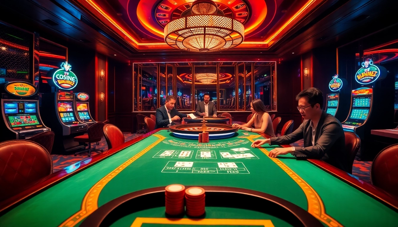 Engaging players at a luxurious casino atmosphere reflecting https://tr88.work/, showcasing poker and roulette excitement.