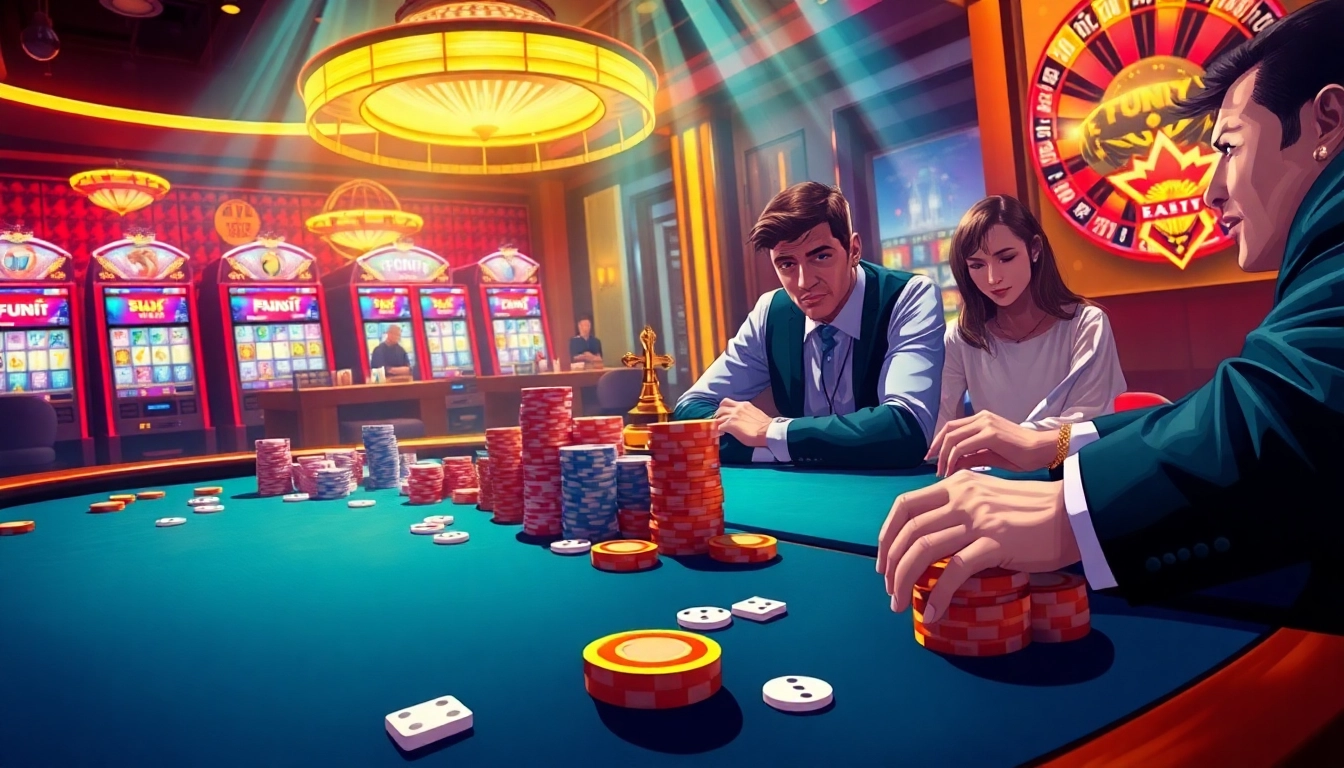 Experience high-stakes action at FUN79 with vibrant chips on a poker table in a luxurious casino.