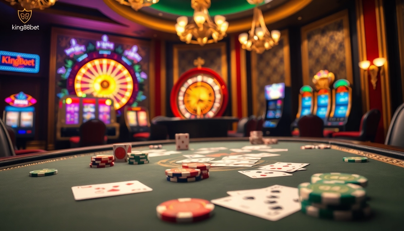 Experience the thrill of king88bet at a luxurious casino table with poker chips and cards.