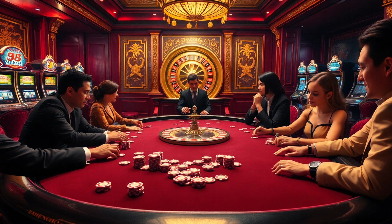 Players strategizing at a luxurious casino poker table with colorful chips, embodying the excitement of hz 88 gaming.