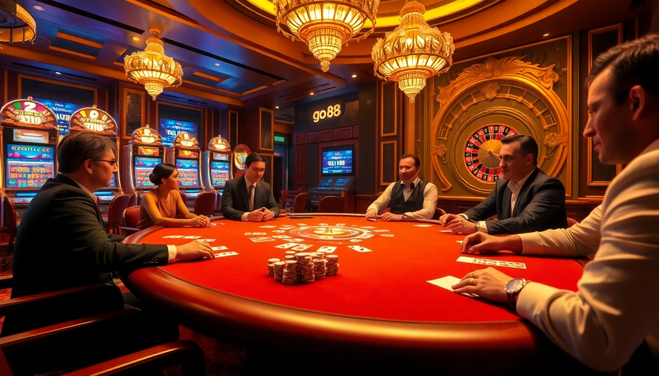 Exciting game at a luxurious casino table featuring go 88 poker chips and cards