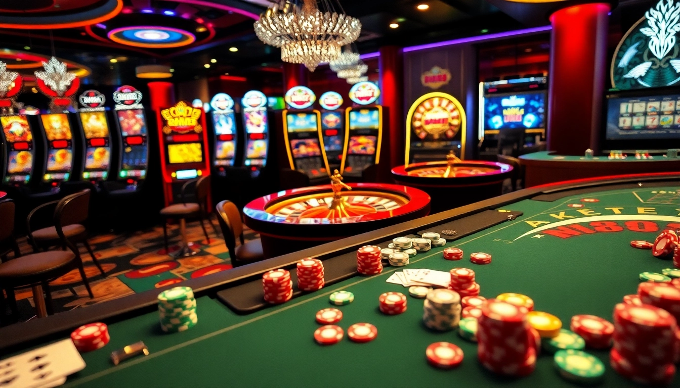 NK88 casino table displaying colorful poker chips and exciting gaming activities.