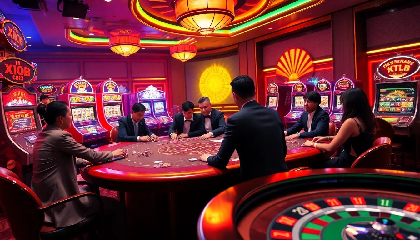 XIN 88 poker table with high stakes, colorful slot machines and vibrant gaming atmosphere